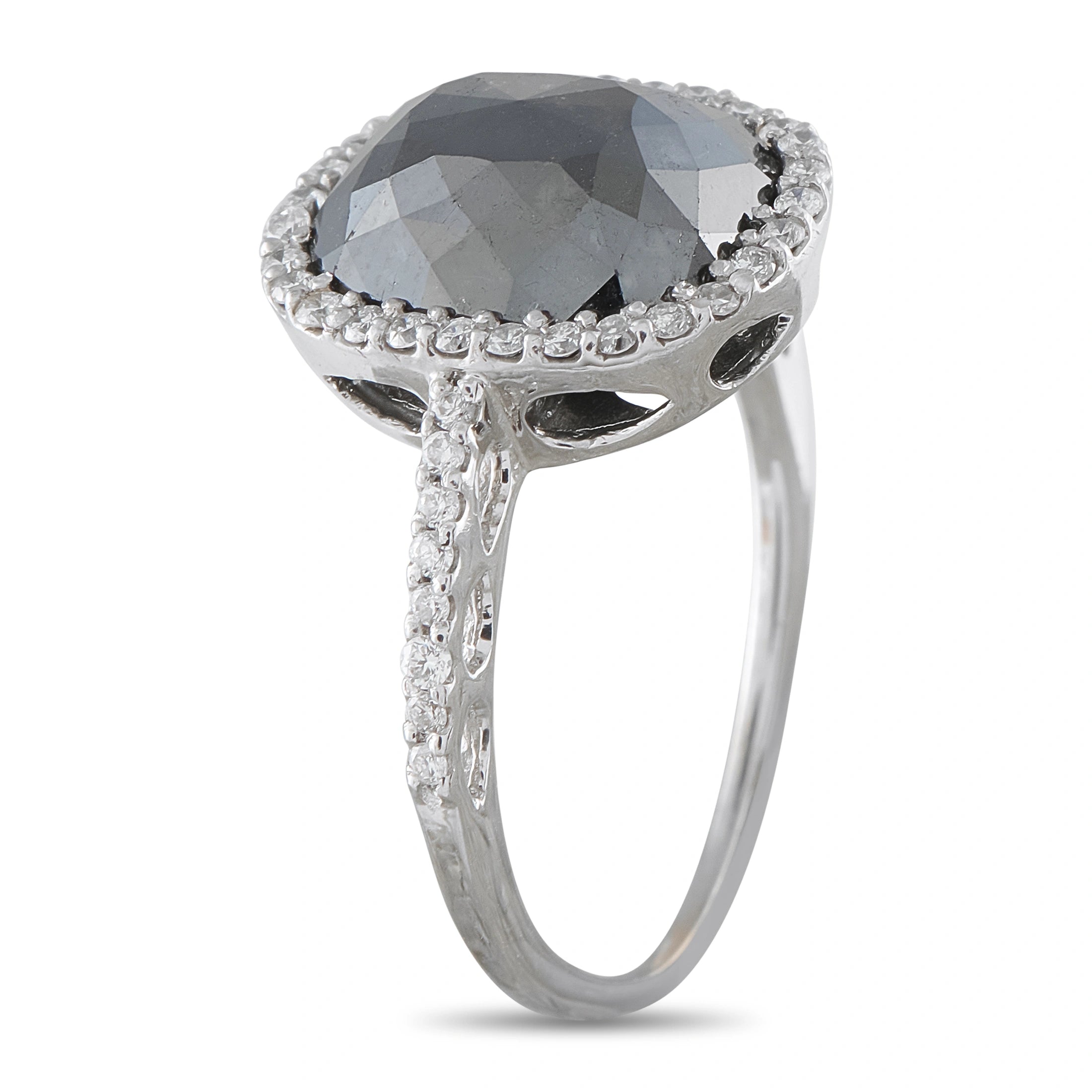 18K White Gold 5.73ct Black Diamond and White Diamond Halo Ring