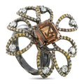 18K white gold cocktail ring with smoky center stone and diamond halo, side loops