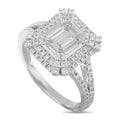 18K white gold diamond cluster ring with emerald-cut center and round pavé halo