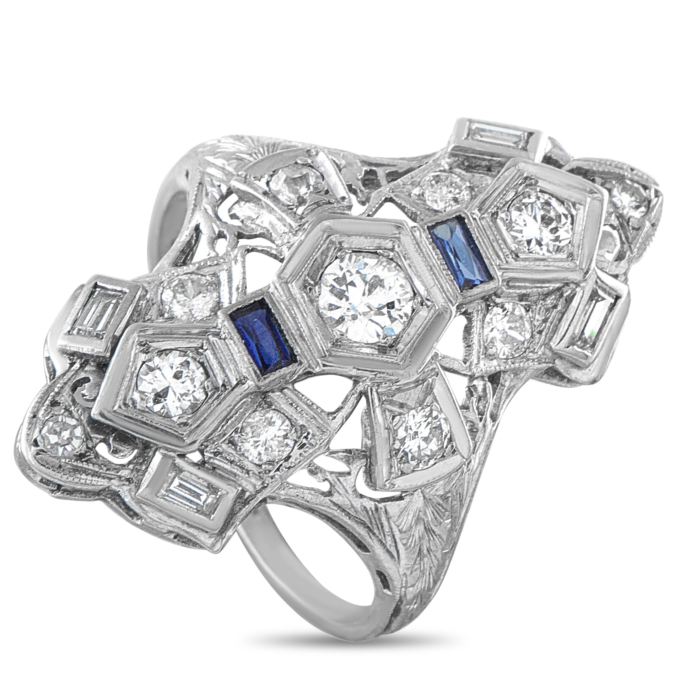 18K White Gold 0.55ct Diamond and Sapphire Art Deco Ring