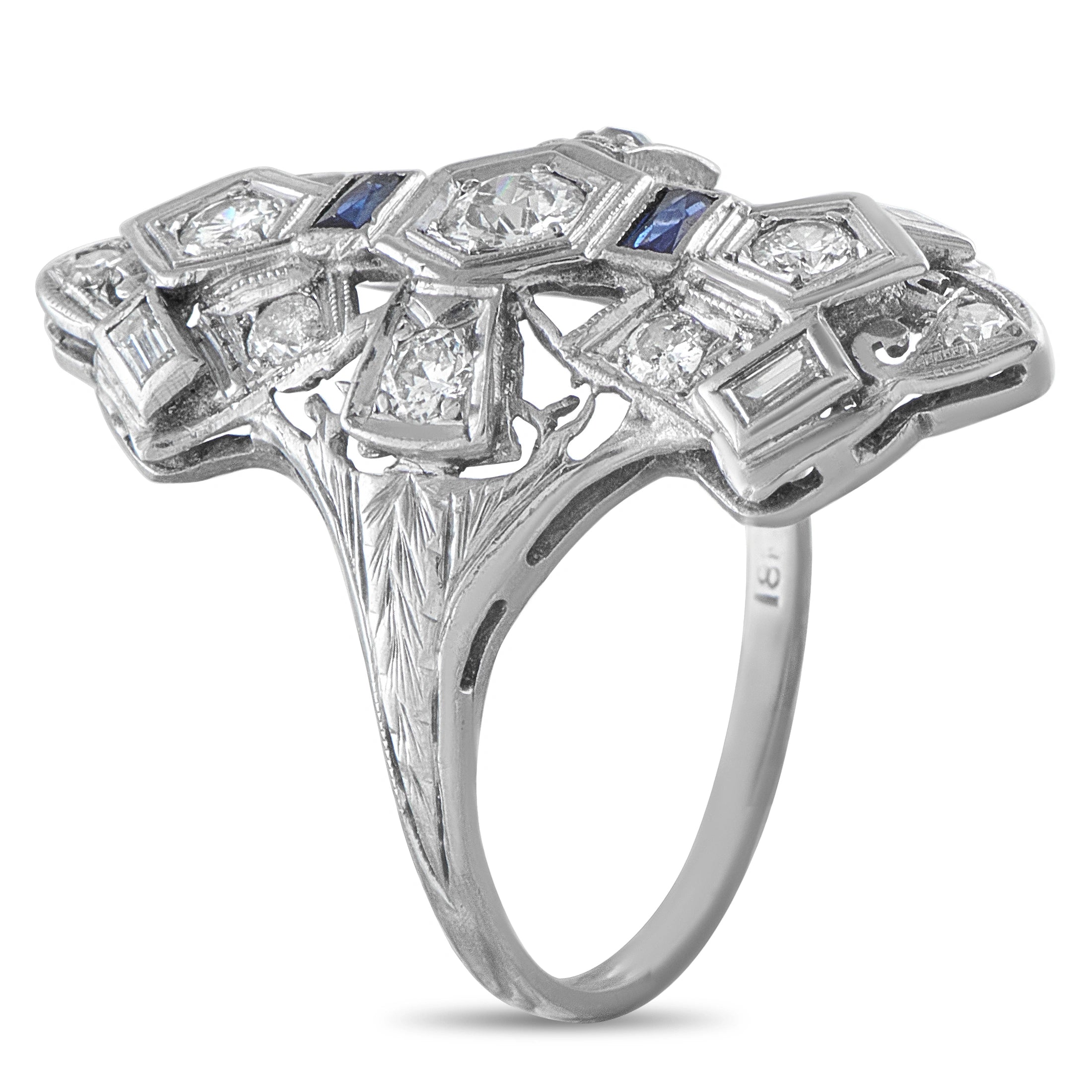 18K White Gold 0.55ct Diamond and Sapphire Art Deco Ring