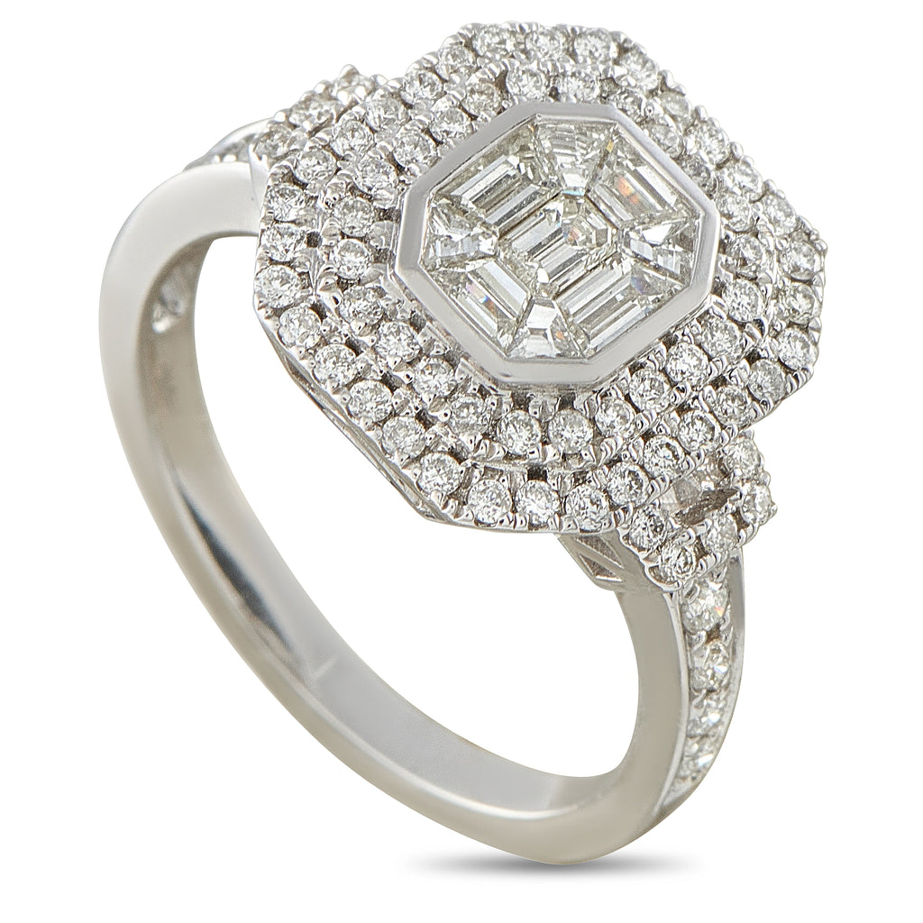 18K white gold diamond halo ring with octagonal center and pavé band