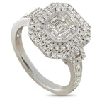 18K white gold diamond halo ring with octagonal center and pavé band