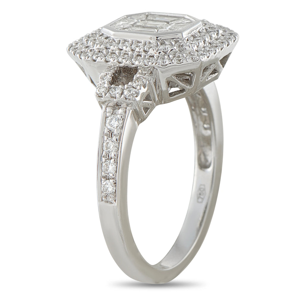 18K white gold diamond halo ring with emerald-cut center and side prong details