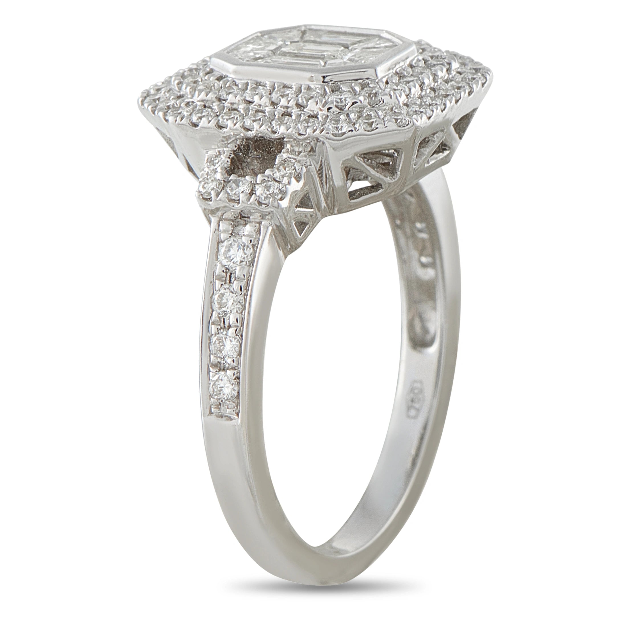 18K white gold diamond halo ring with emerald-cut center and side prong details