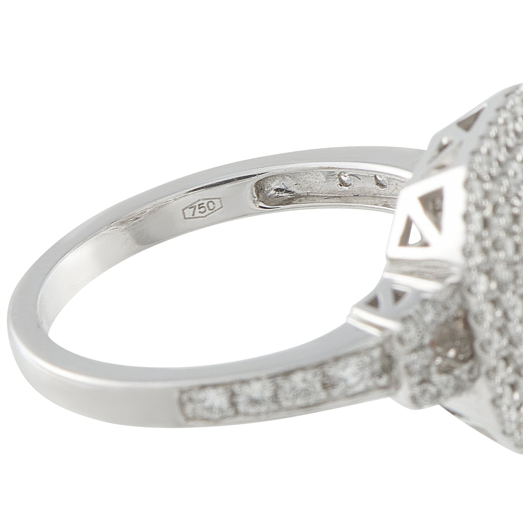 18K white gold diamond halo ring close-up of inside band hallmark and setting