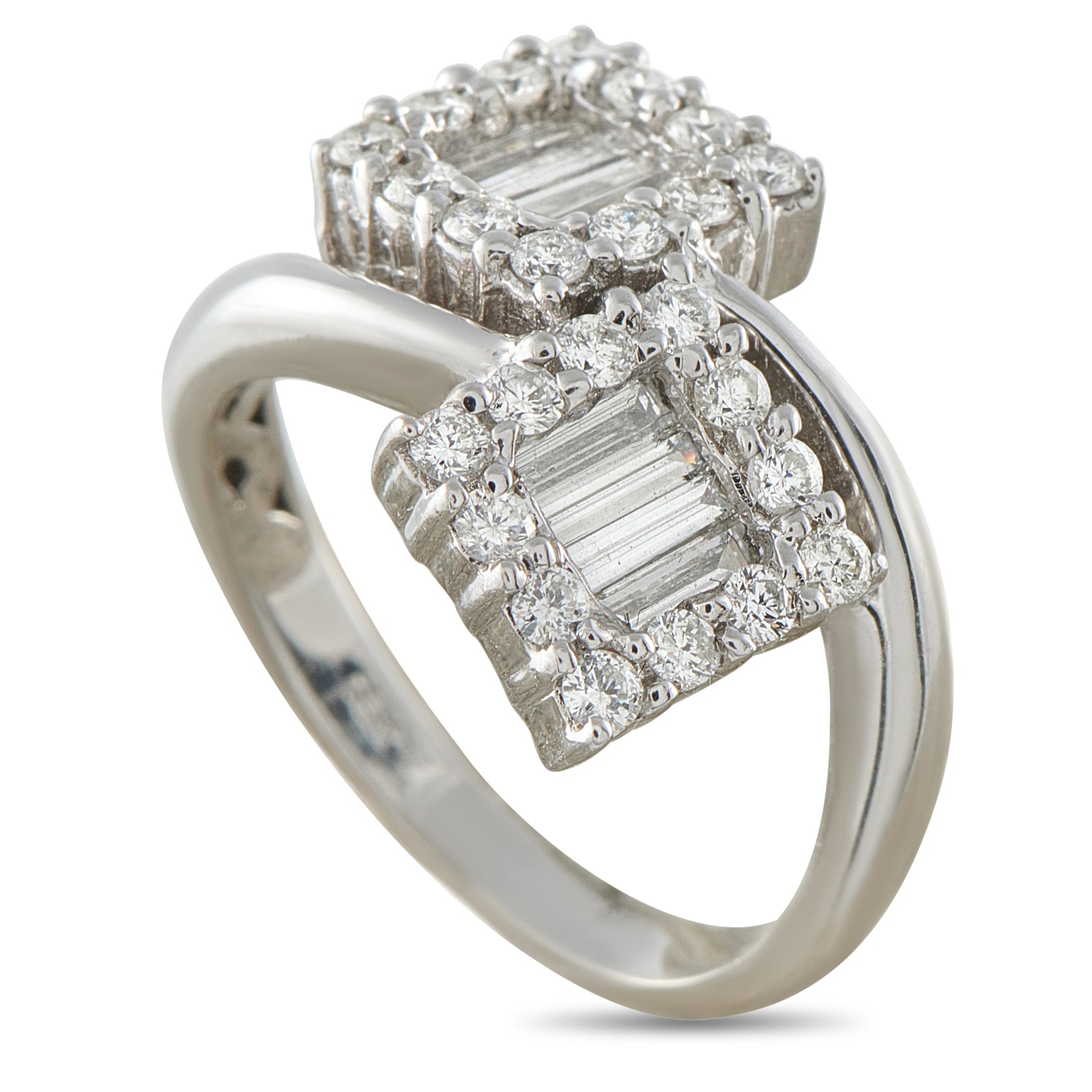18K white gold diamond bypass ring with baguette center and halo of round diamonds