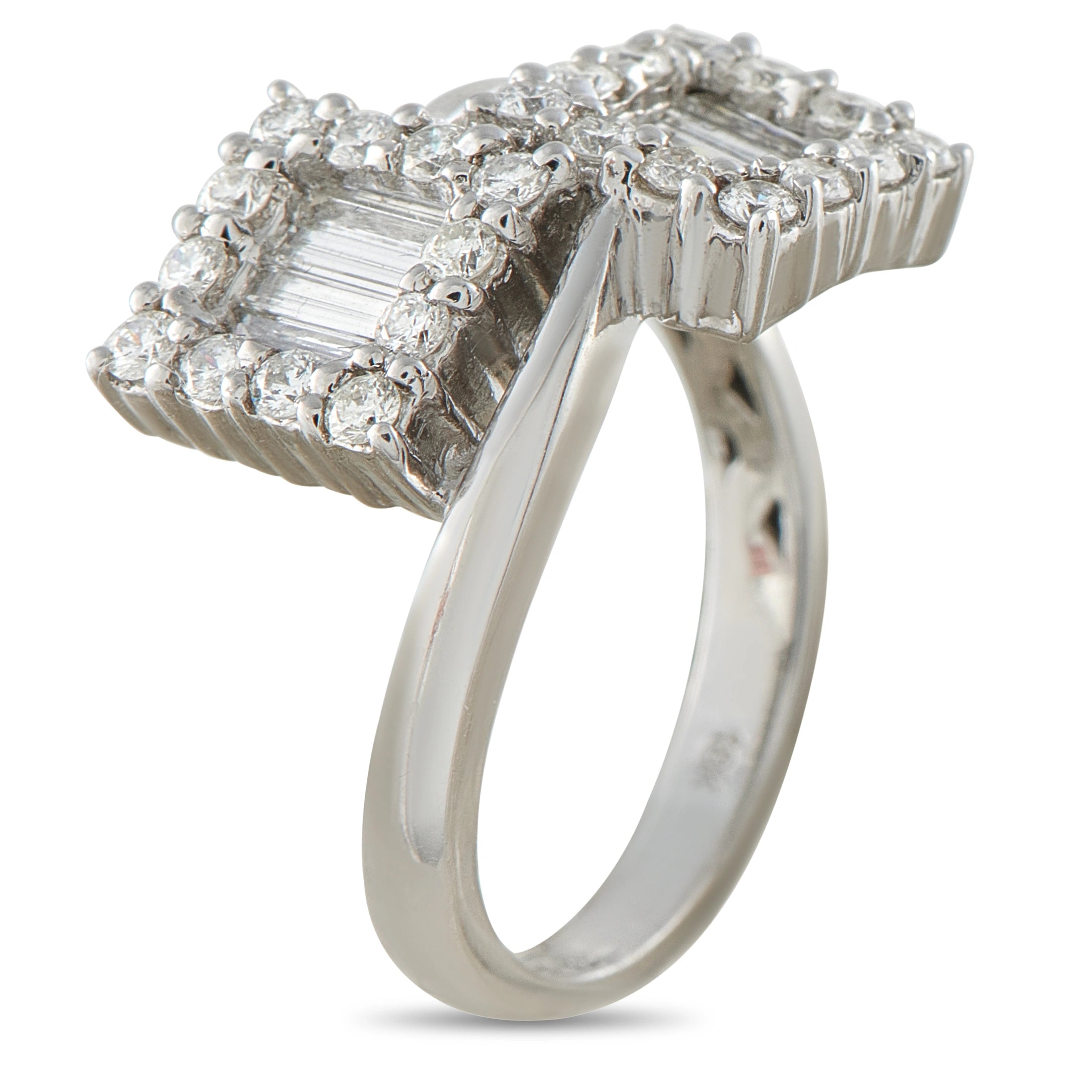18K white gold diamond bypass ring, side view showing baguette and round diamond accents
