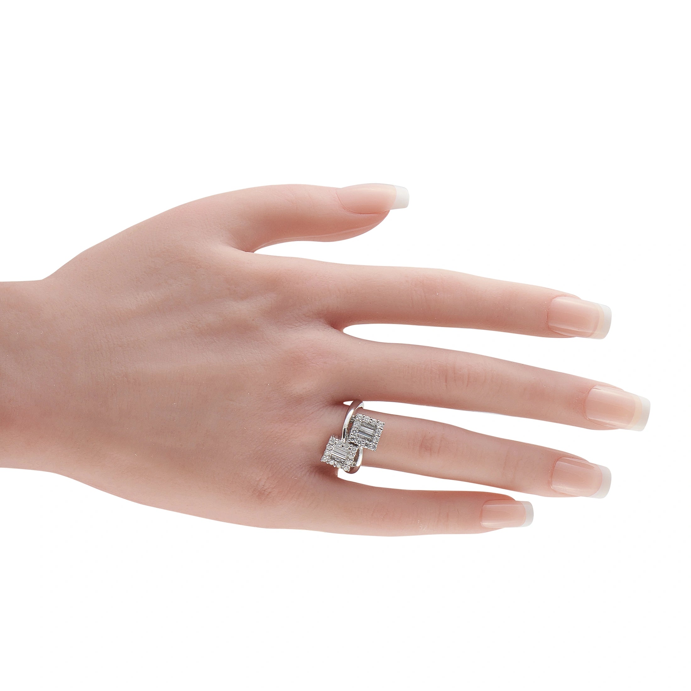18K white gold diamond bypass ring on hand, square baguette center with round diamond halo