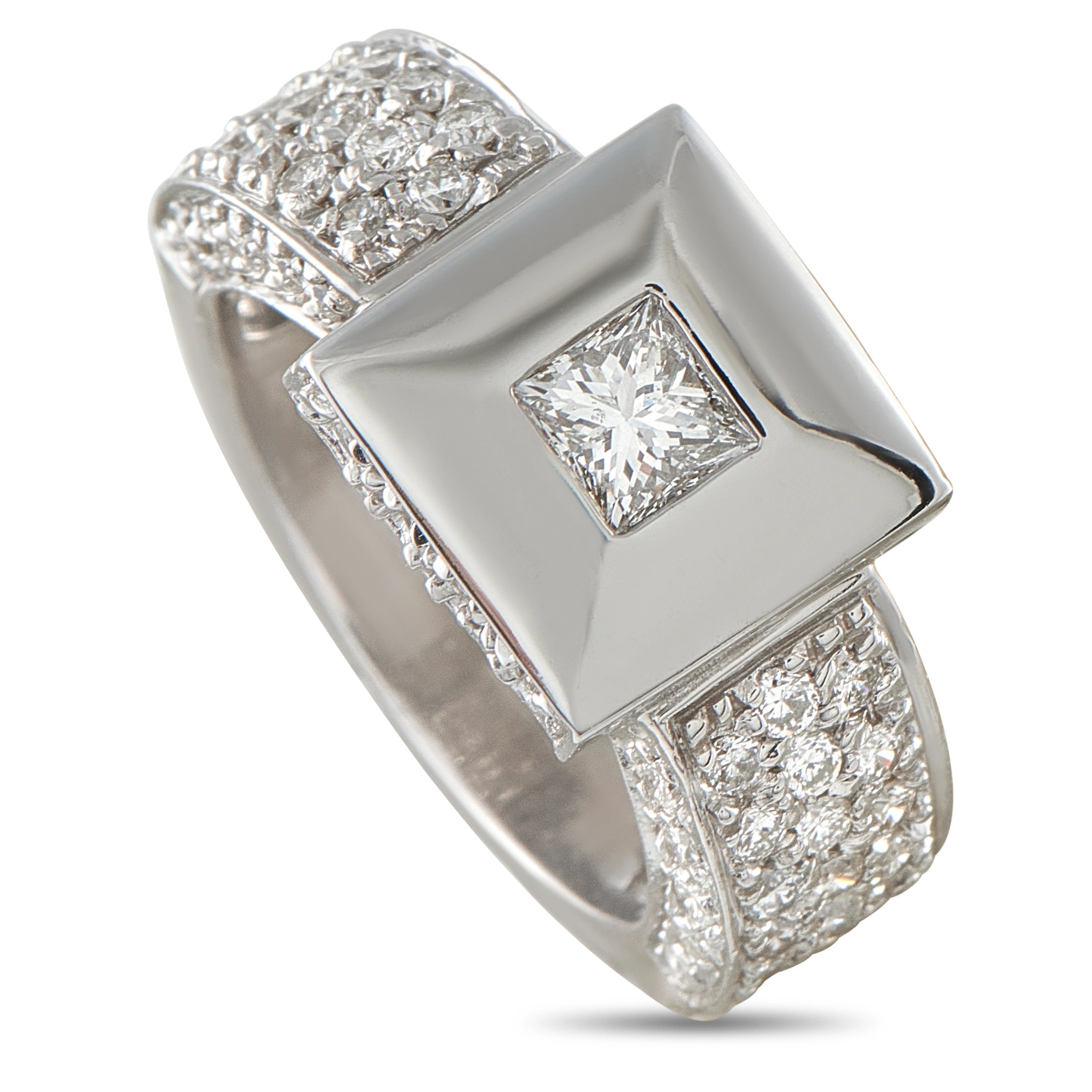 18K white gold diamond pyramid ring with square center diamond and textured band