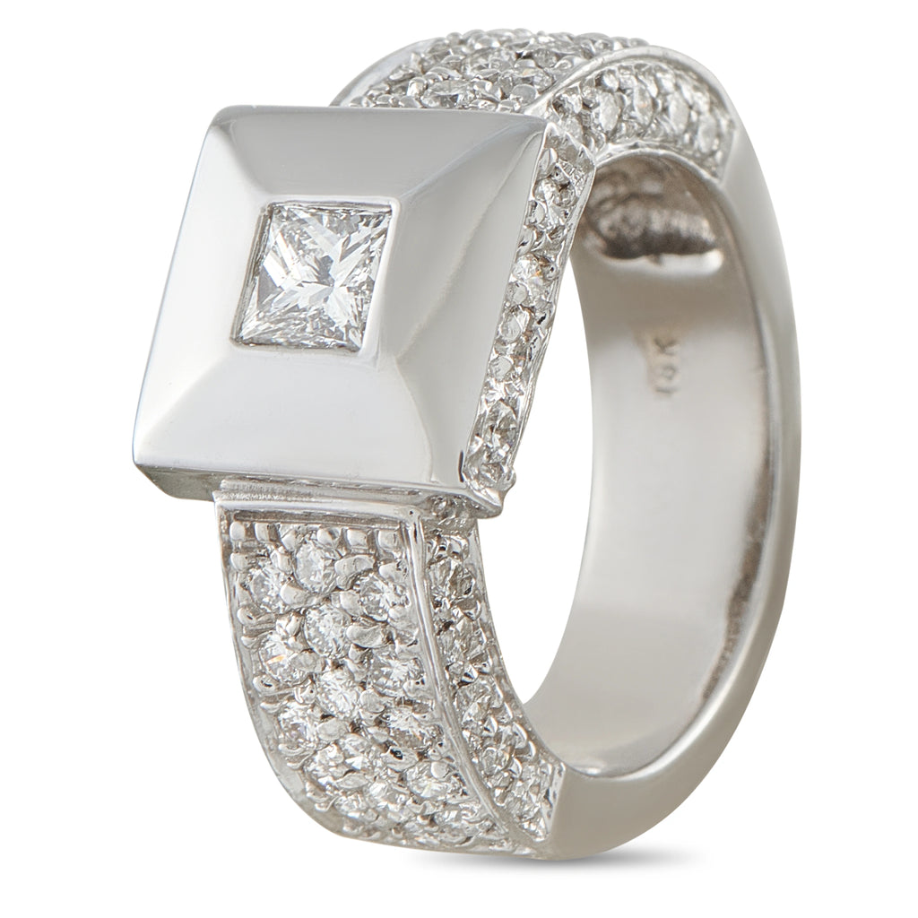 18K white gold diamond pyramid ring with square center stone and pavé band