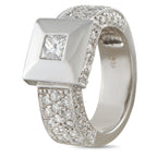 18K white gold diamond pyramid ring with square center stone and pavé band