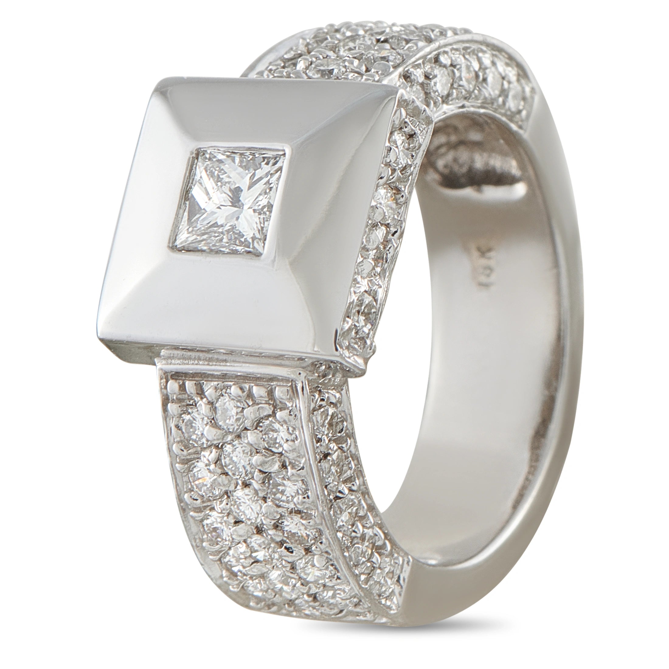 18K white gold diamond pyramid ring with square center stone and pavé band