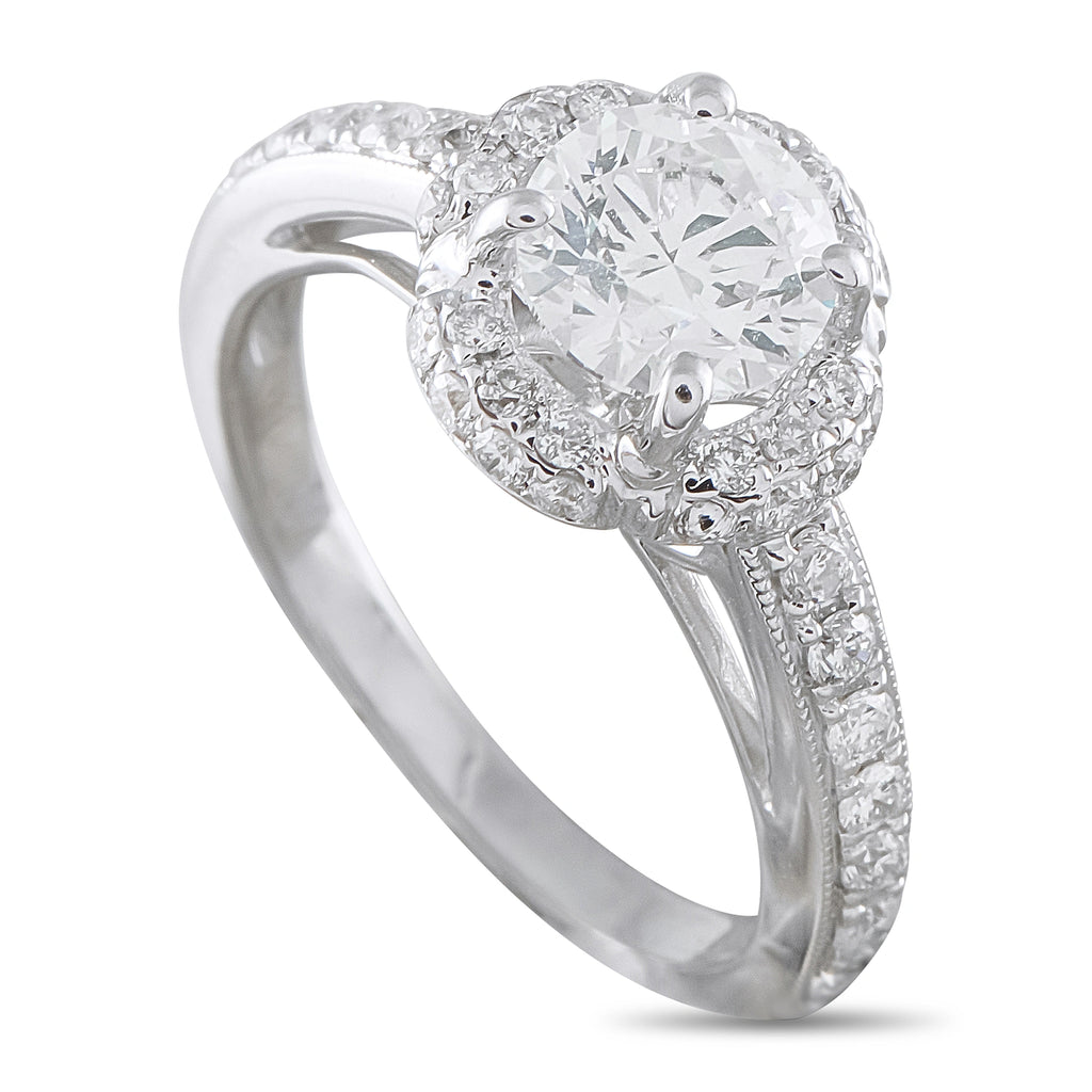 18K white gold diamond halo engagement ring with round center stone