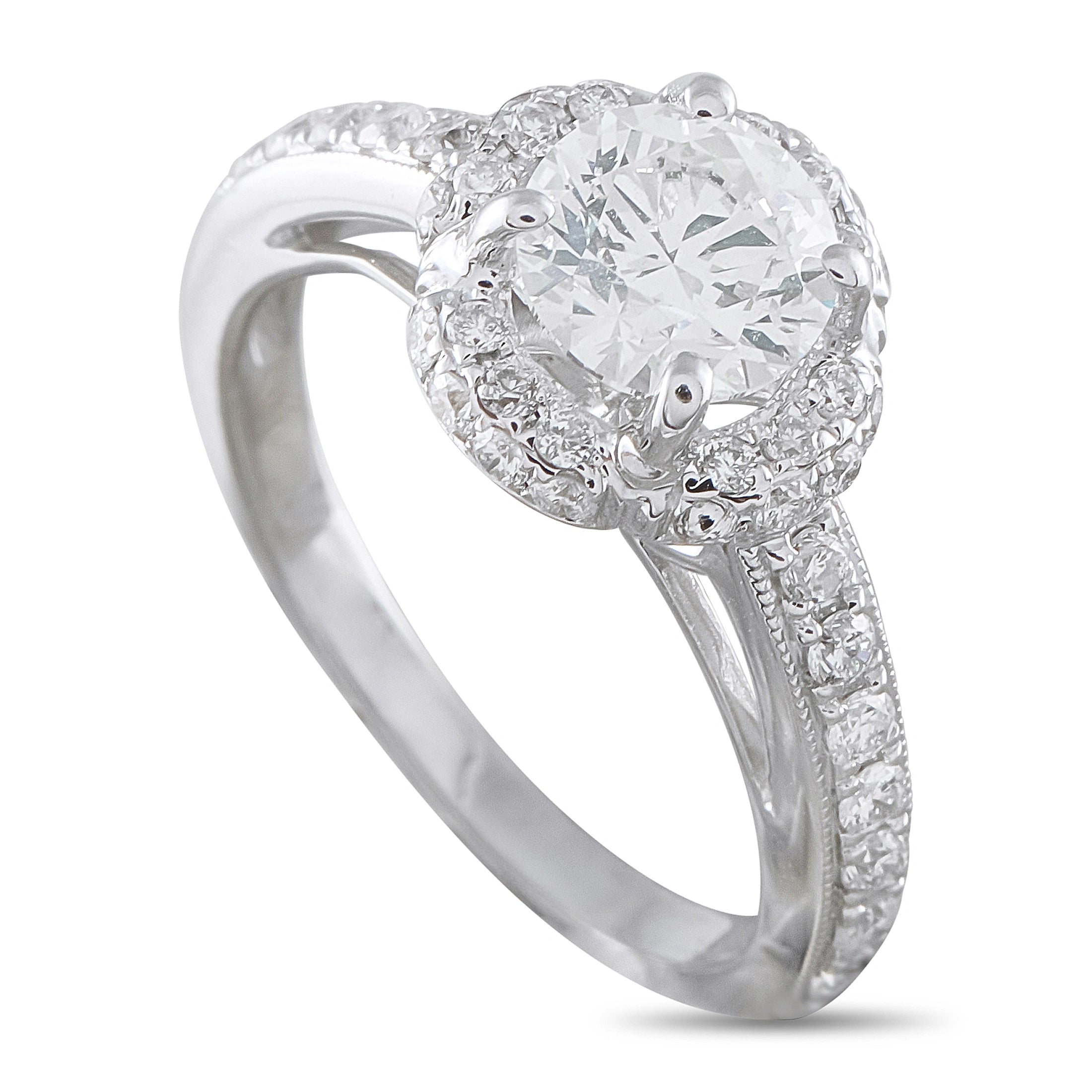 18K white gold diamond halo engagement ring with round center stone