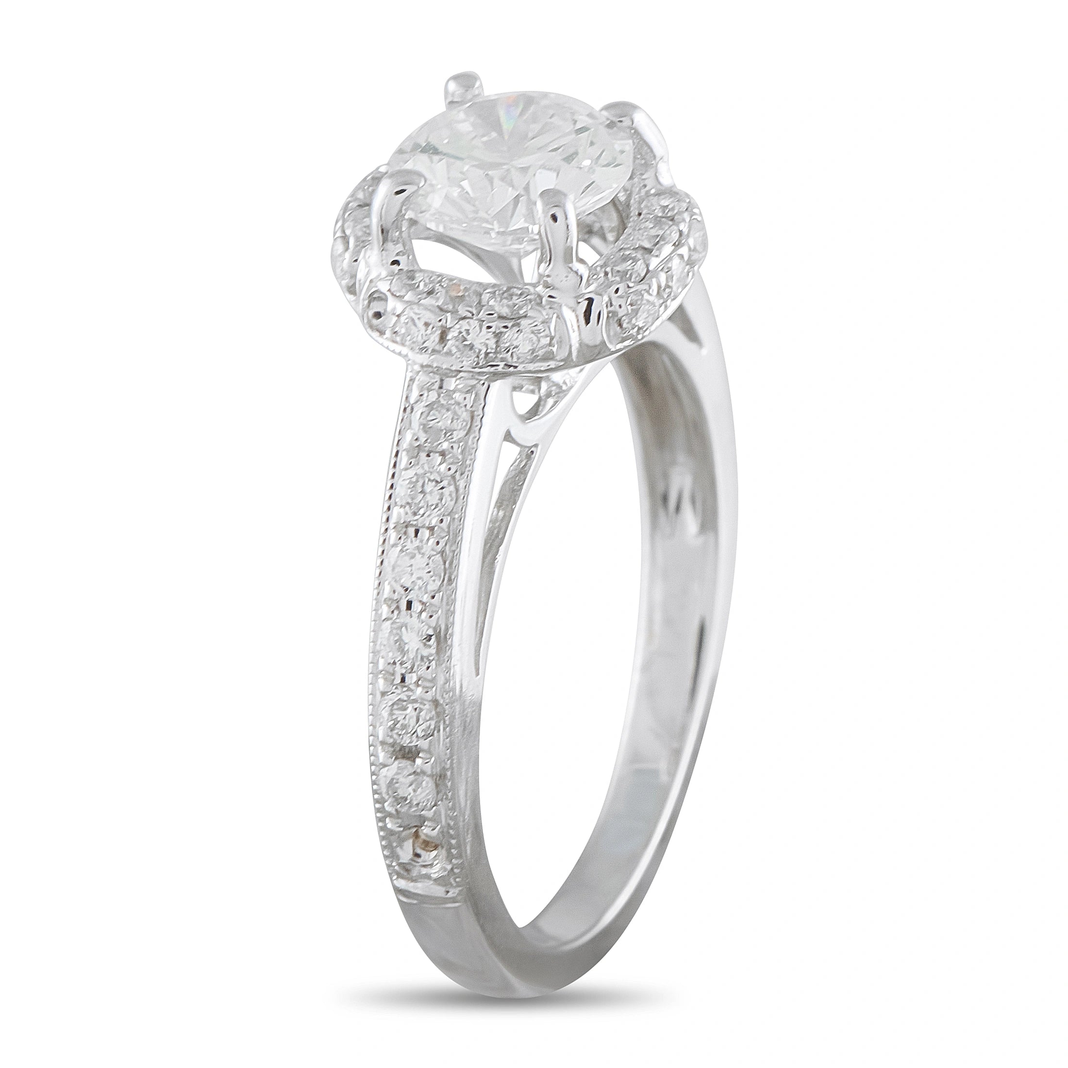 18K white gold diamond halo engagement ring with round center stone and pavé band