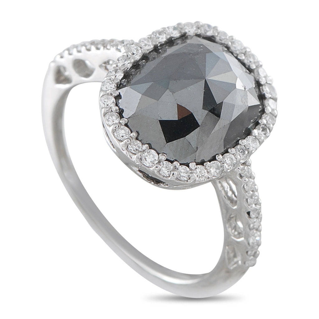 18K White Gold 5.73ct Black Diamond and White Diamond Halo Ring