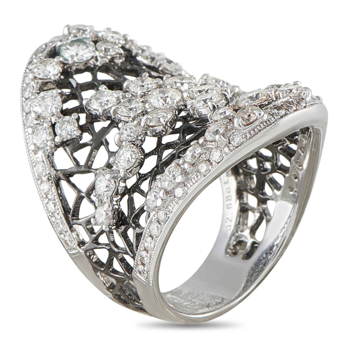 18K white gold diamond ring with openwork band and pavé-set stones