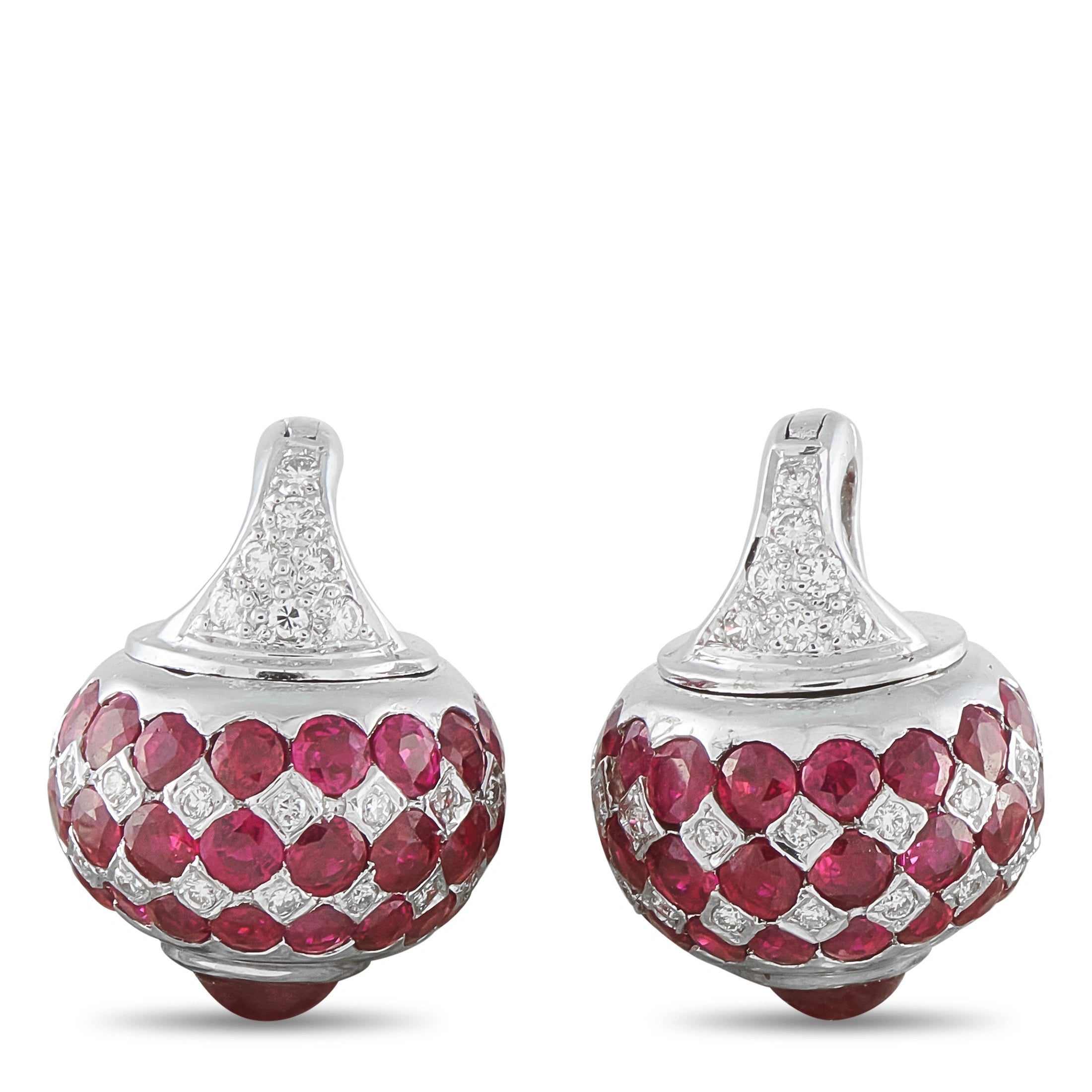 Ruby and diamond drop earrings in white gold, oval bead cluster, front view