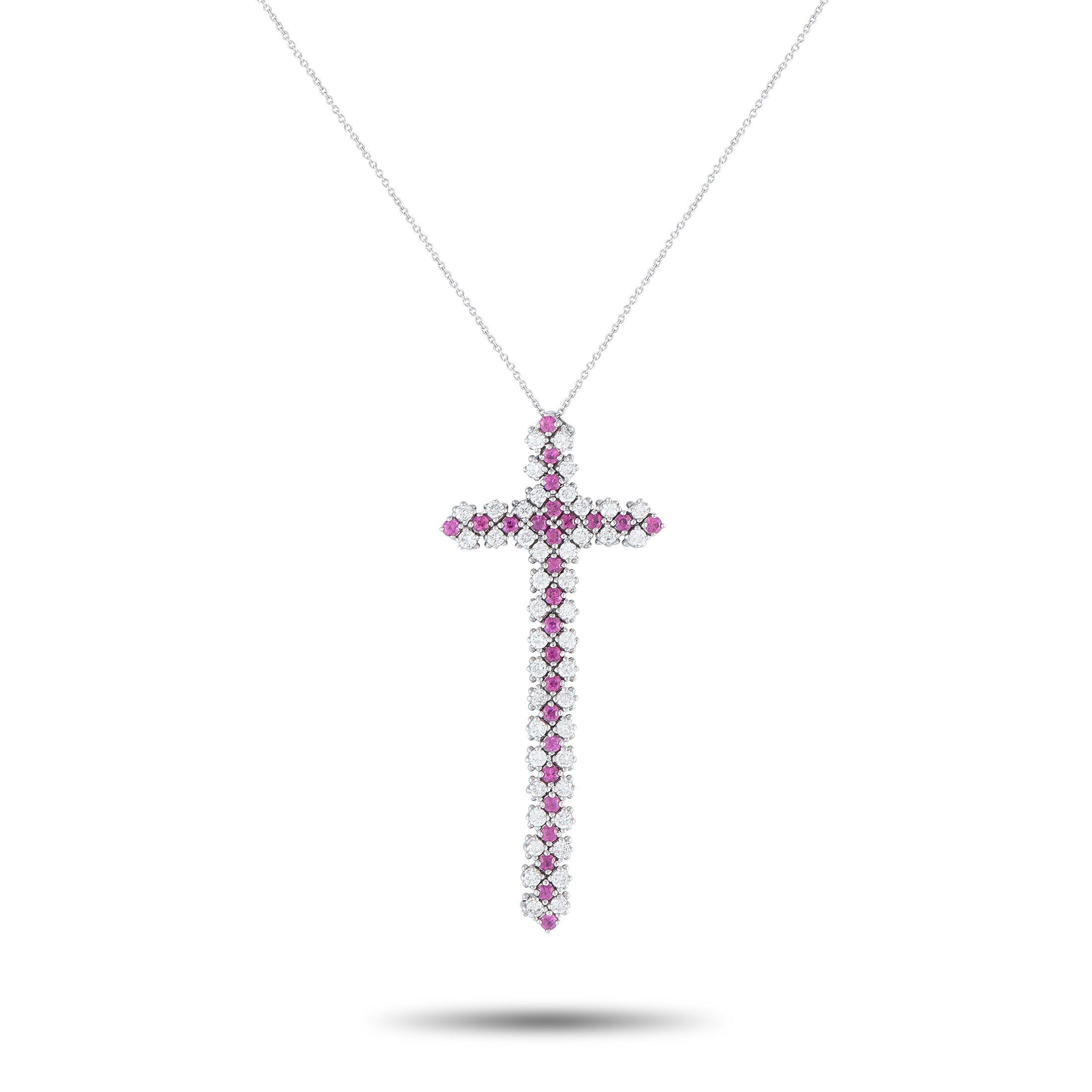 18K White Gold 0.75ct Diamond and Ruby Cross Necklace