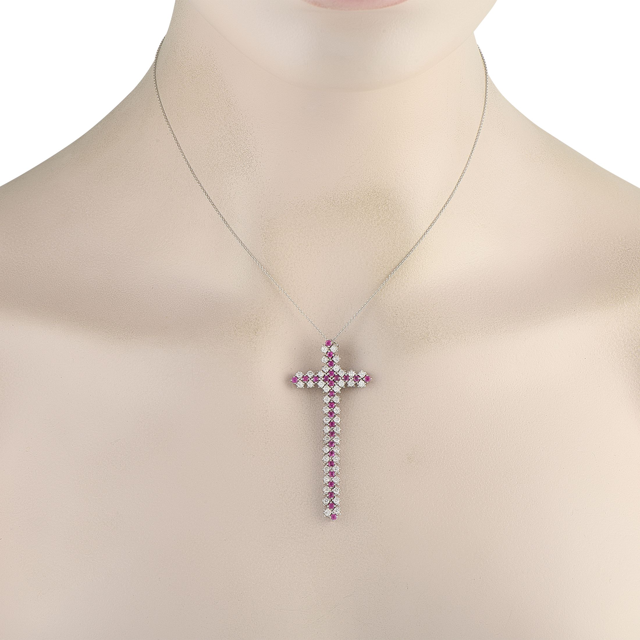 Exclusive 18K White Gold 0.75ct Diamond and Ruby Cross Necklace