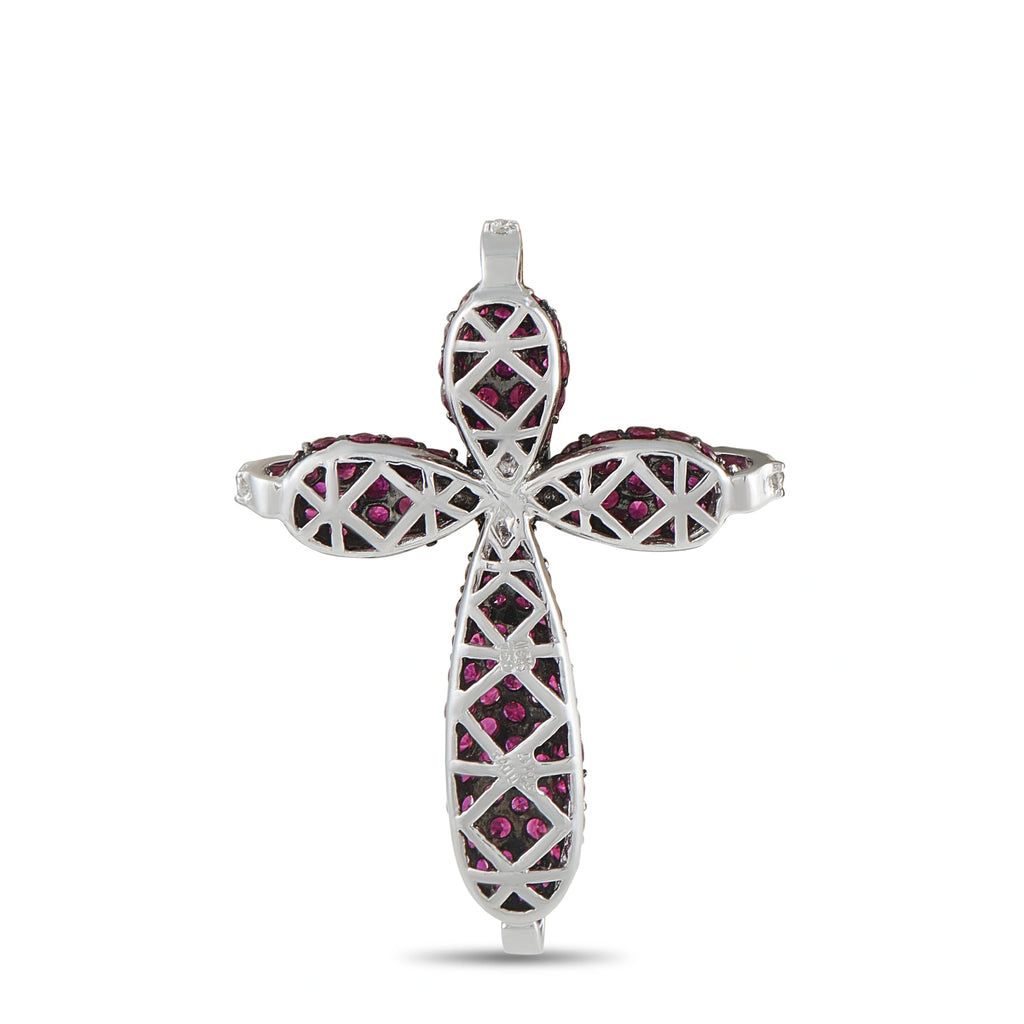 White gold lattice cross pendant with pink ruby stones and diamond accents