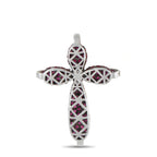 White gold lattice cross pendant with pink ruby stones and diamond accents