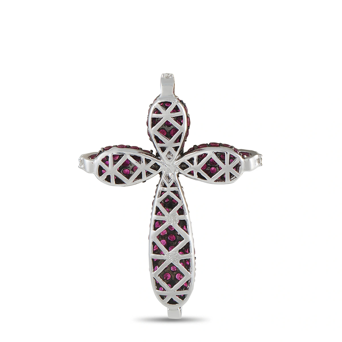 White gold lattice cross pendant with pink ruby stones and diamond accents