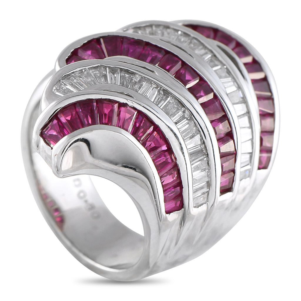 18K White Gold 0.80ct Diamond and Ruby Multi-Row Ring