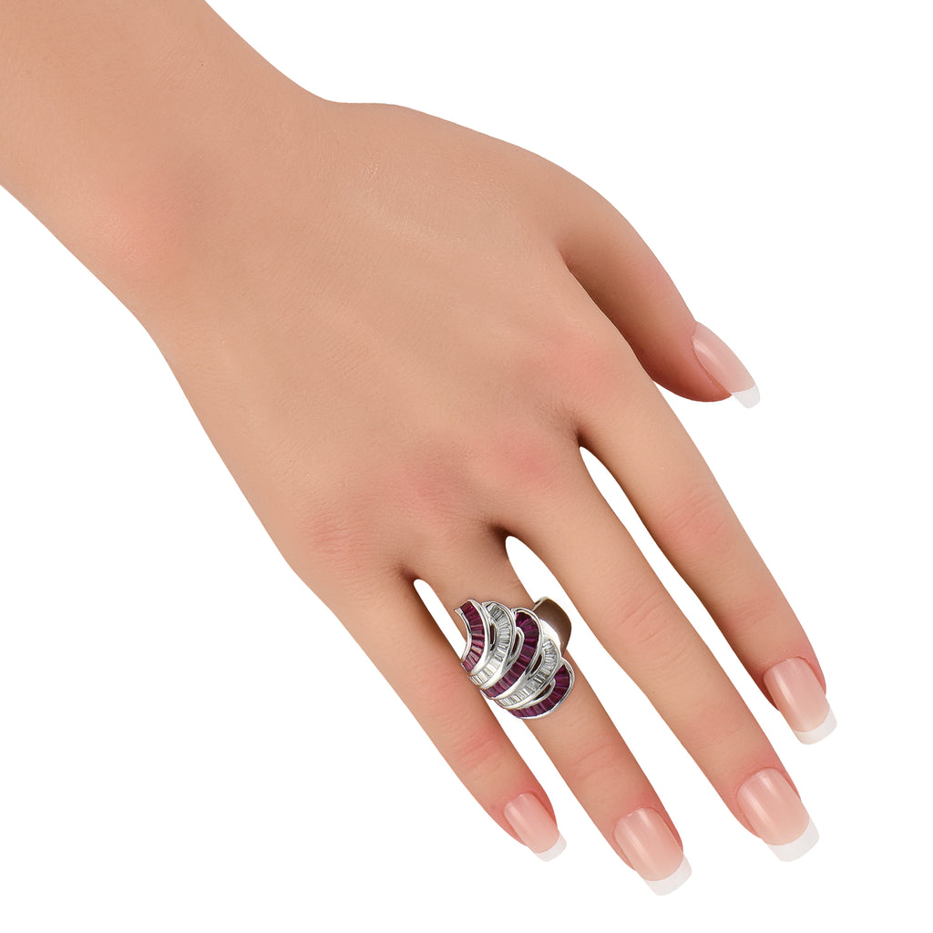 18K White Gold 0.80ct Diamond and Ruby Multi-Row Ring