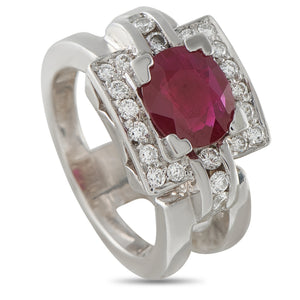 18K White Gold 0.48ct Diamond and Ruby Square Halo Cocktail Ring