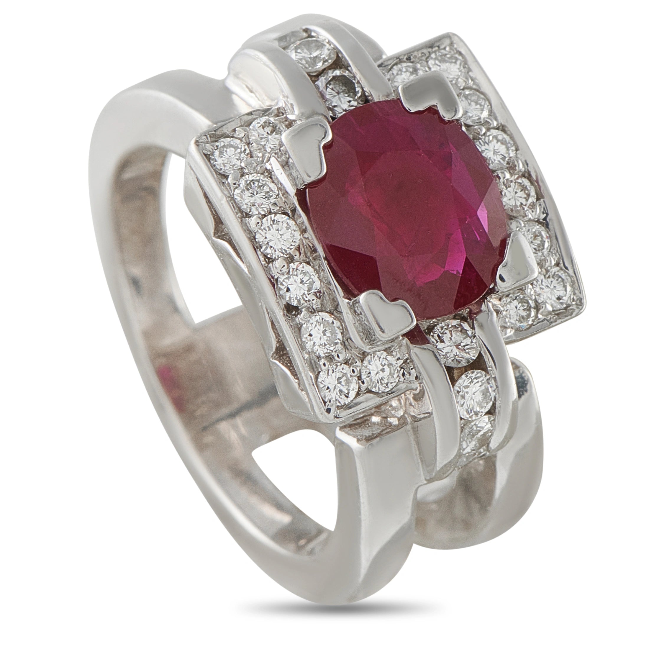 18K White Gold 0.48ct Diamond and Ruby Square Halo Cocktail Ring