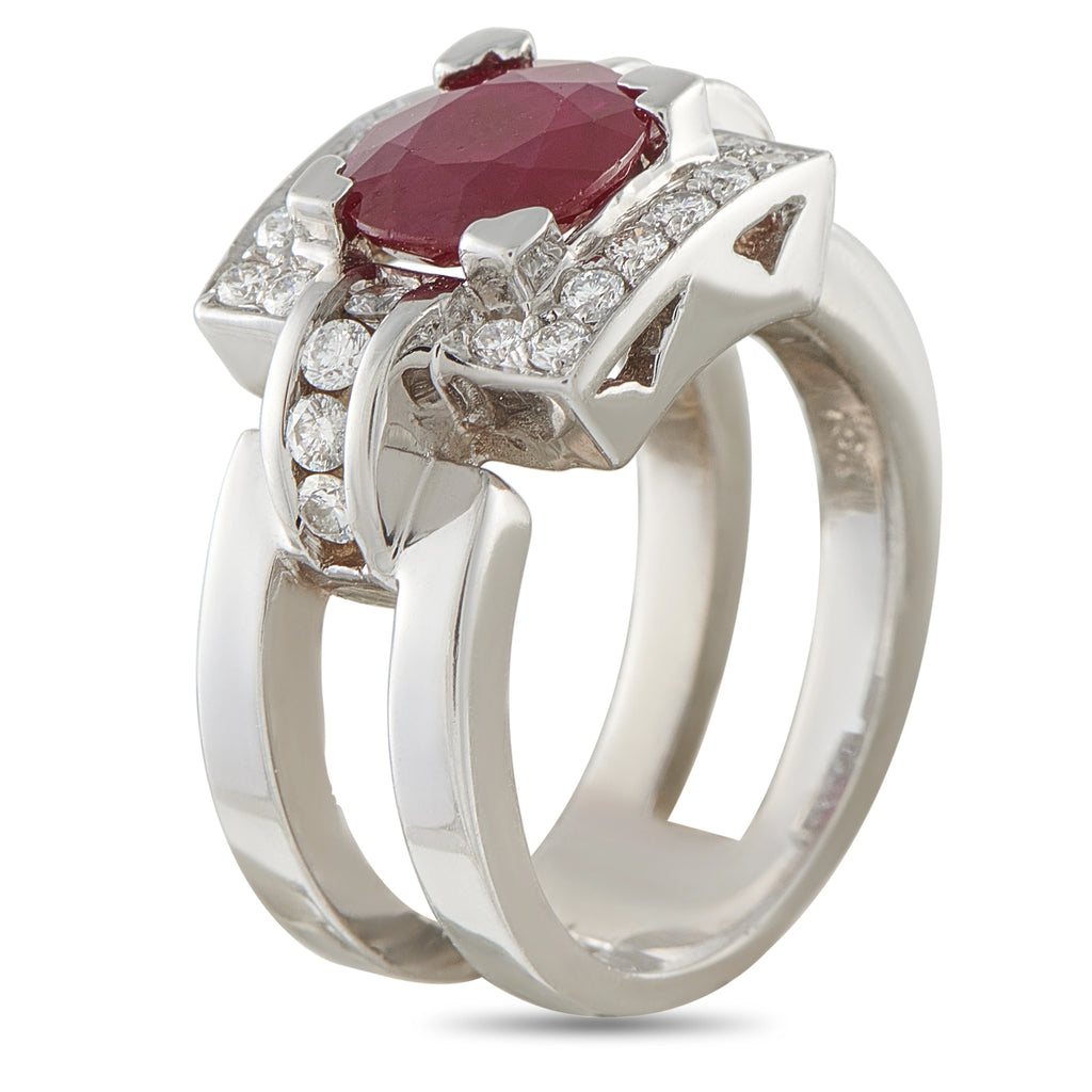 18K White Gold 0.48ct Diamond and Ruby Square Halo Cocktail Ring