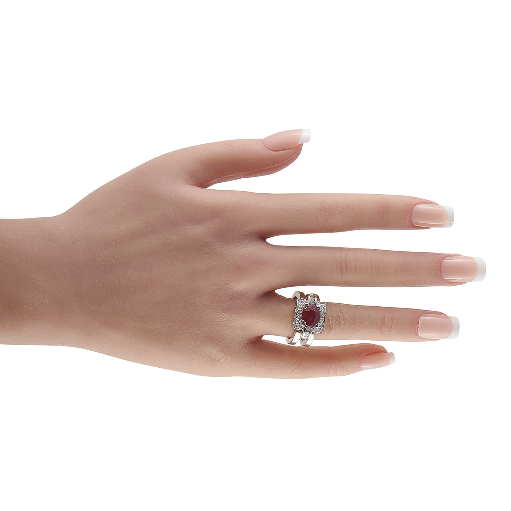 18K White Gold 0.48ct Diamond and Ruby Square Halo Cocktail Ring
