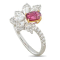 18K white gold ring with a pink ruby and diamond floral cluster
