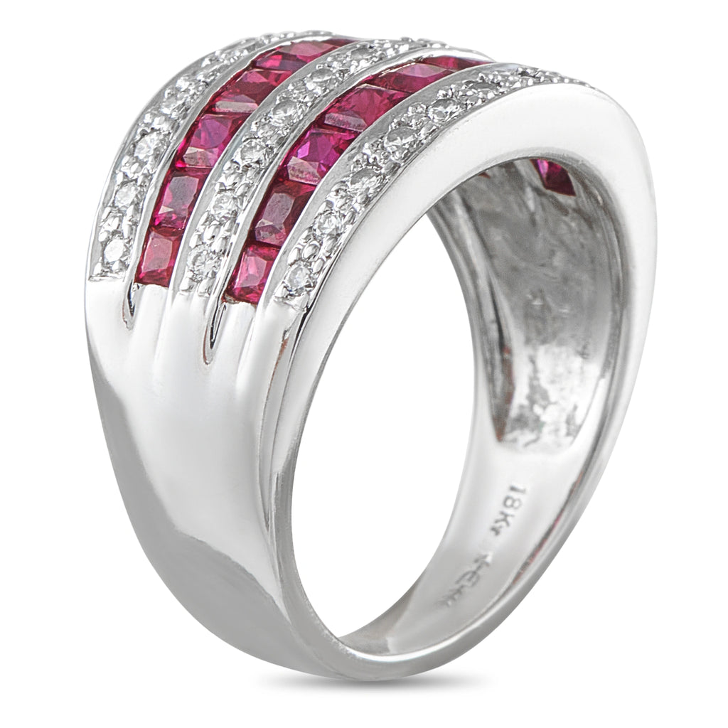 18K white gold ring with ruby and diamond rows, viewed from the opposite side