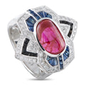 18K White Gold 0.88ct Diamond, Ruby and Sapphire Geometric Cocktail Ring