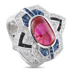 18K White Gold 0.88ct Diamond, Ruby and Sapphire Geometric Cocktail Ring
