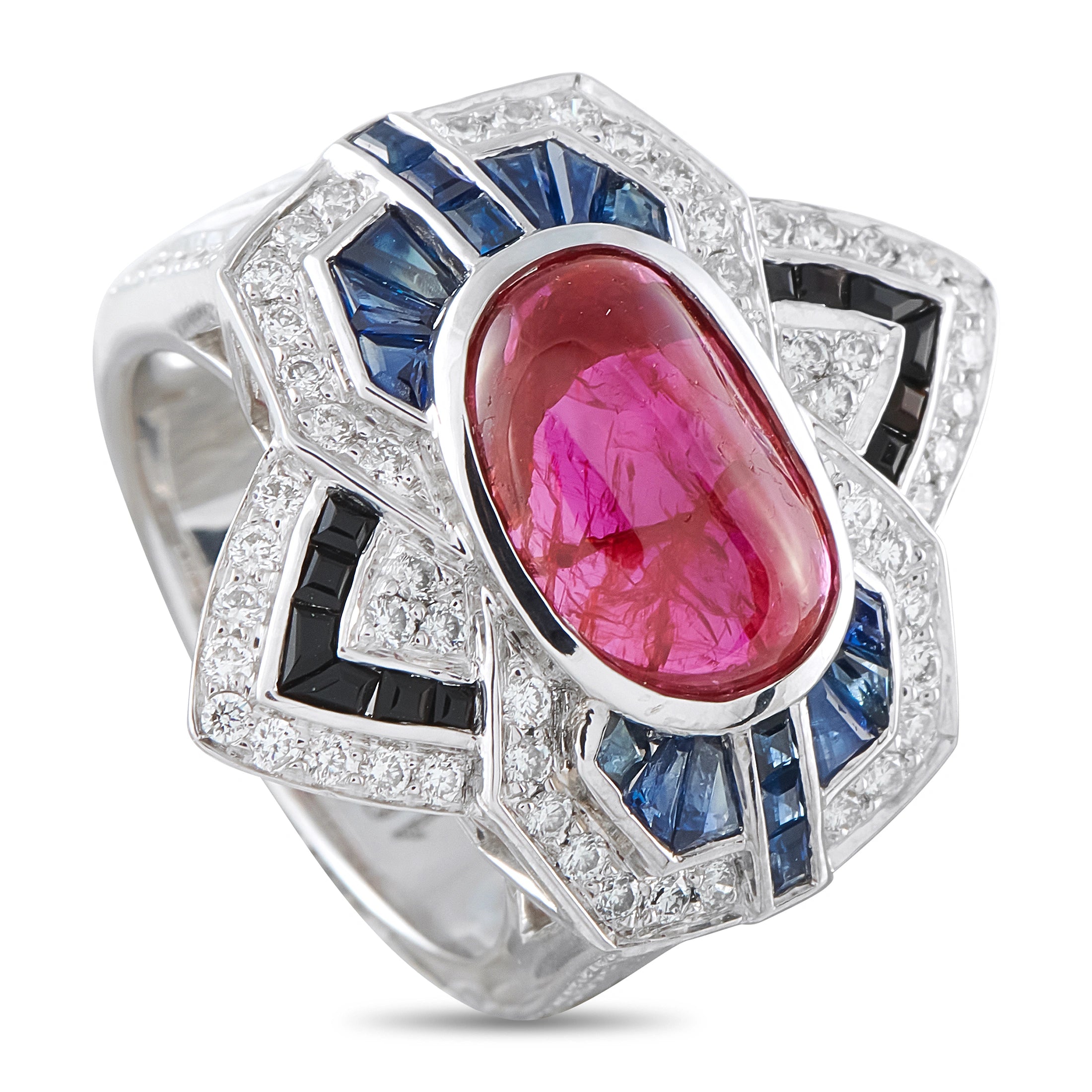 18K White Gold 0.88ct Diamond, Ruby and Sapphire Geometric Cocktail Ring