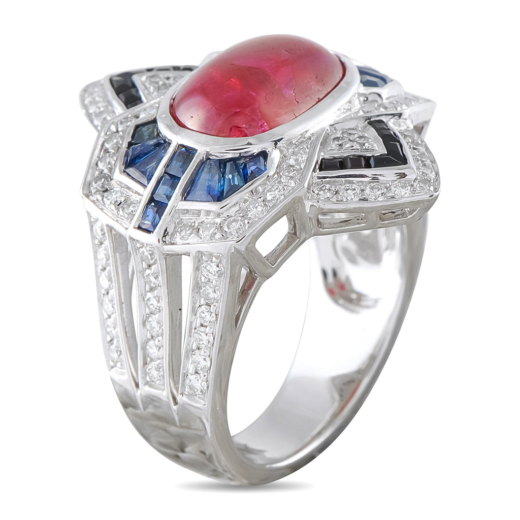 18K White Gold 0.88ct Diamond, Ruby and Sapphire Geometric Cocktail Ring