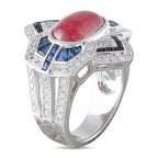 18K White Gold 0.88ct Diamond, Ruby and Sapphire Geometric Cocktail Ring