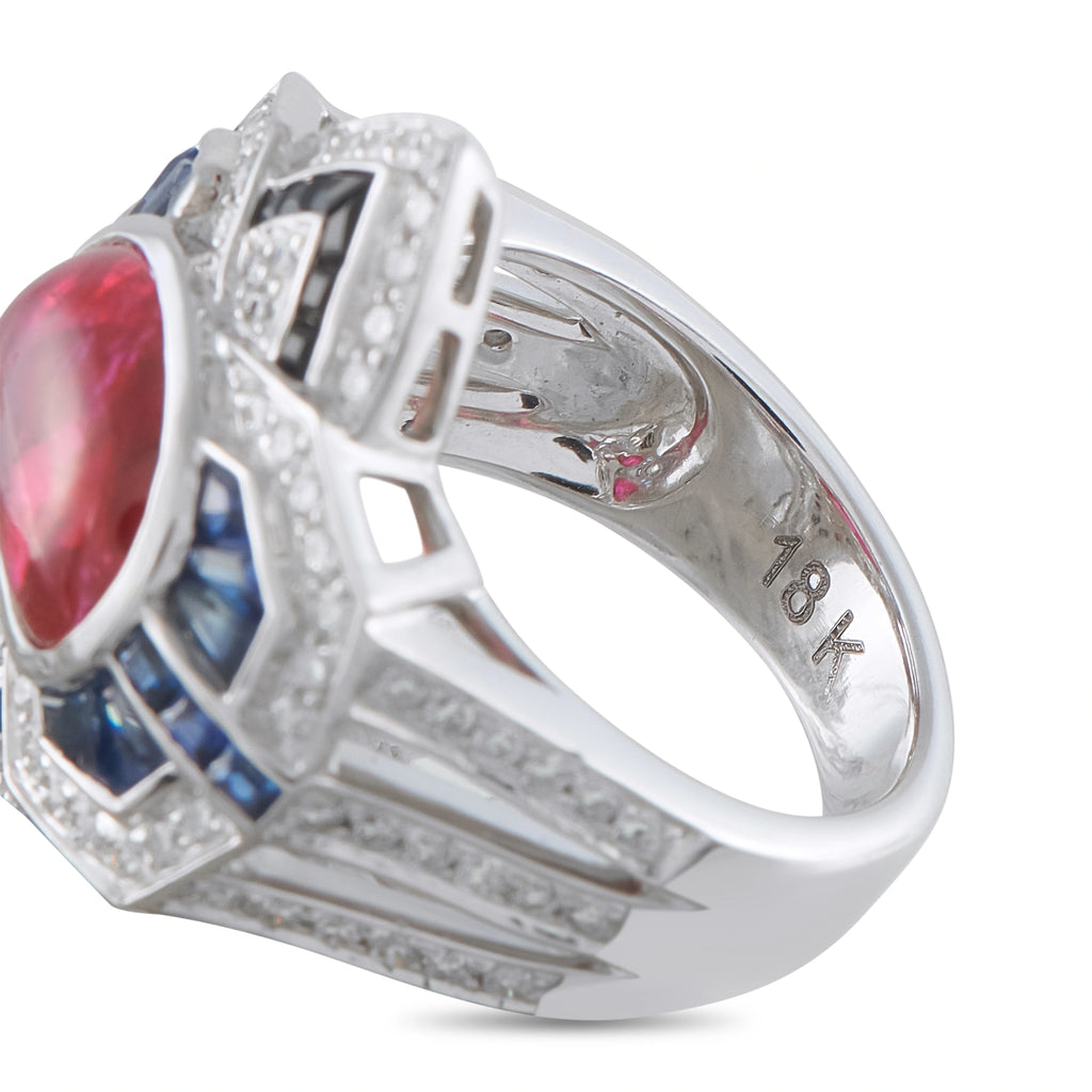 18K White Gold 0.88ct Diamond, Ruby and Sapphire Geometric Cocktail Ring