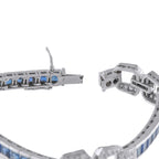 Art Deco white gold bracelet close-up of clasp, blue sapphire inlays and diamond-set links