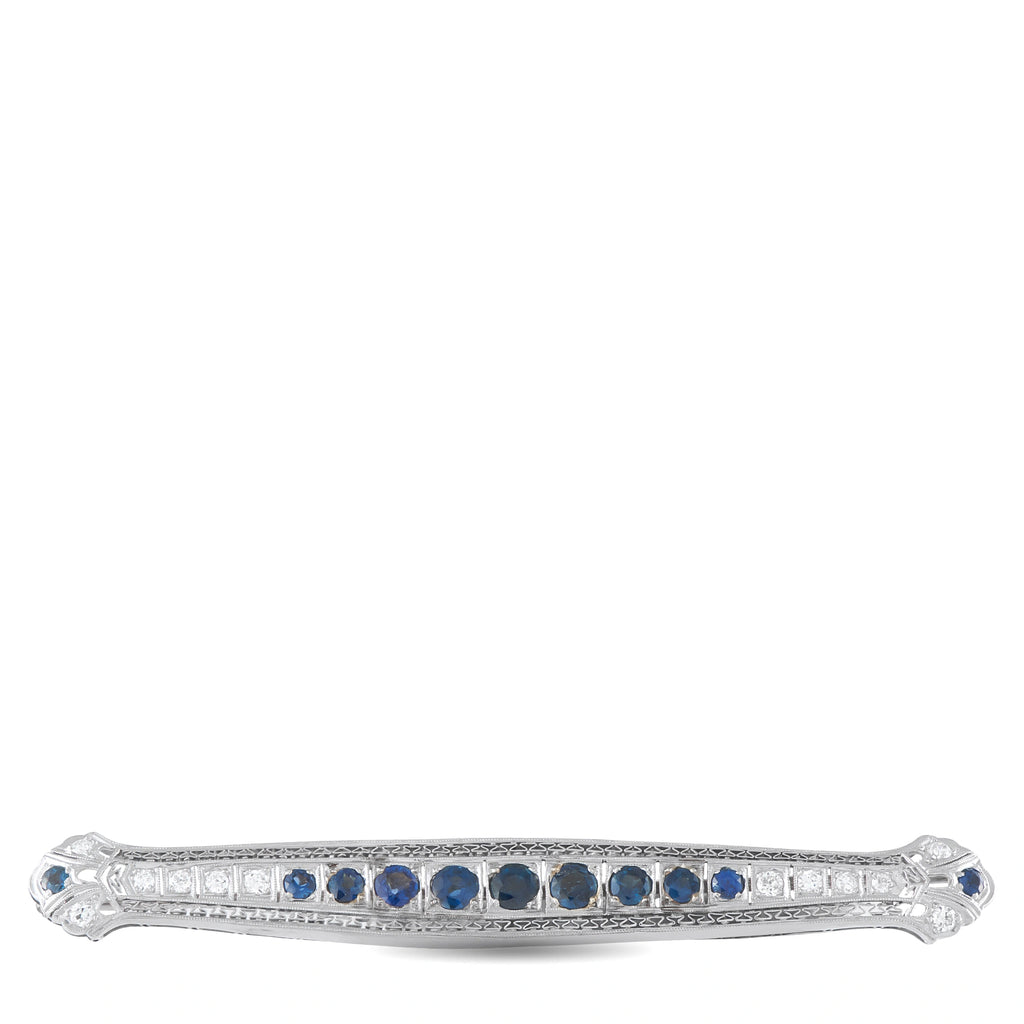 18K White Gold 0.60ct Diamond and Sapphire Art Deco Bar Brooch