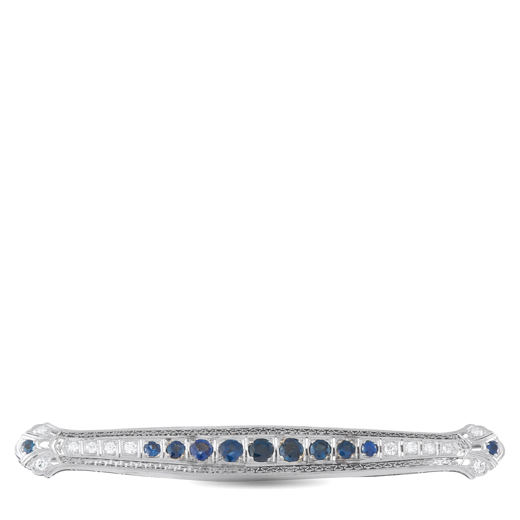 18K White Gold 0.60ct Diamond and Sapphire Art Deco Bar Brooch