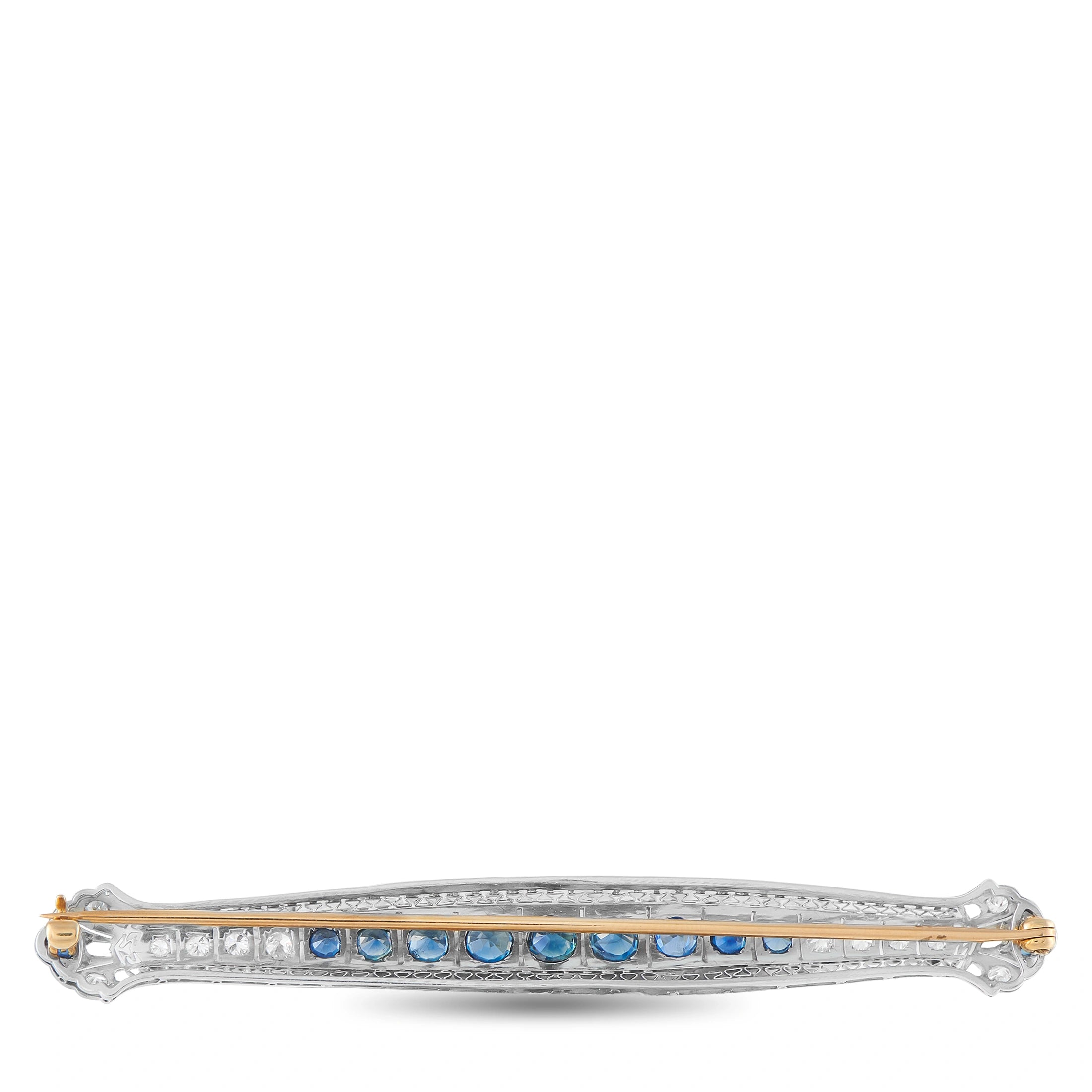 18K White Gold 0.60ct Diamond and Sapphire Art Deco Bar Brooch