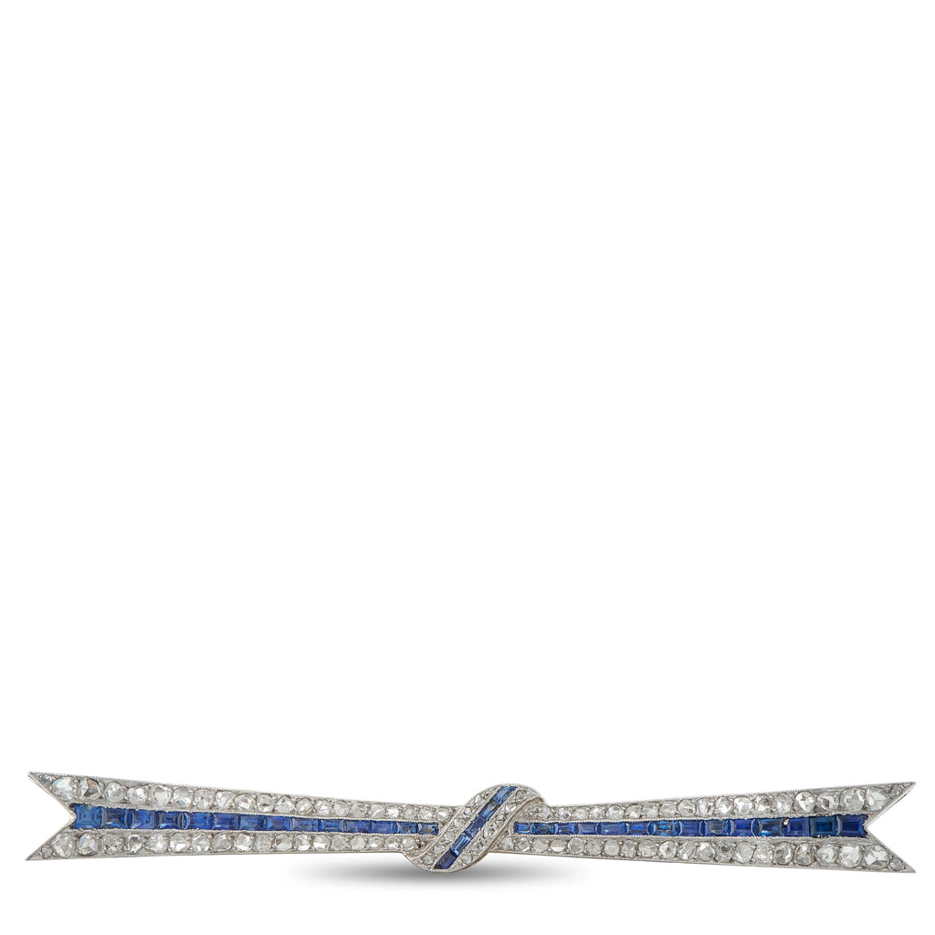 18K White Gold 2.10ct Diamond and Sapphire Art Deco Bow Brooch