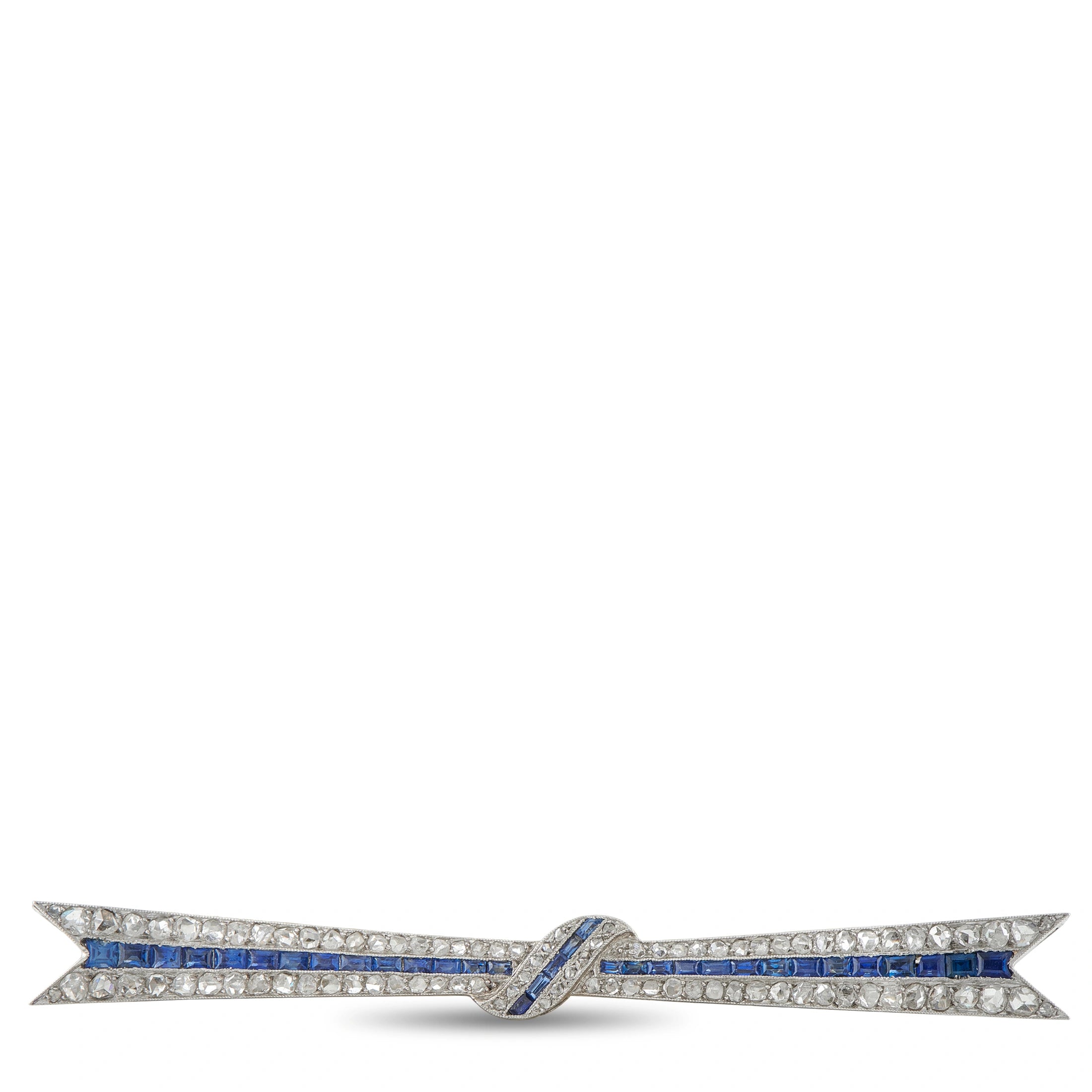 18K White Gold 2.10ct Diamond and Sapphire Art Deco Bow Brooch