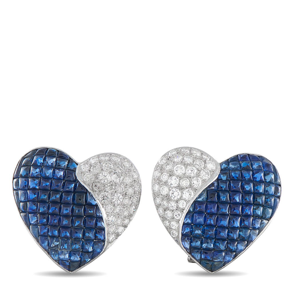 18K White Gold 1.75ct Diamond and Sapphire Heart Clip-On Earrings