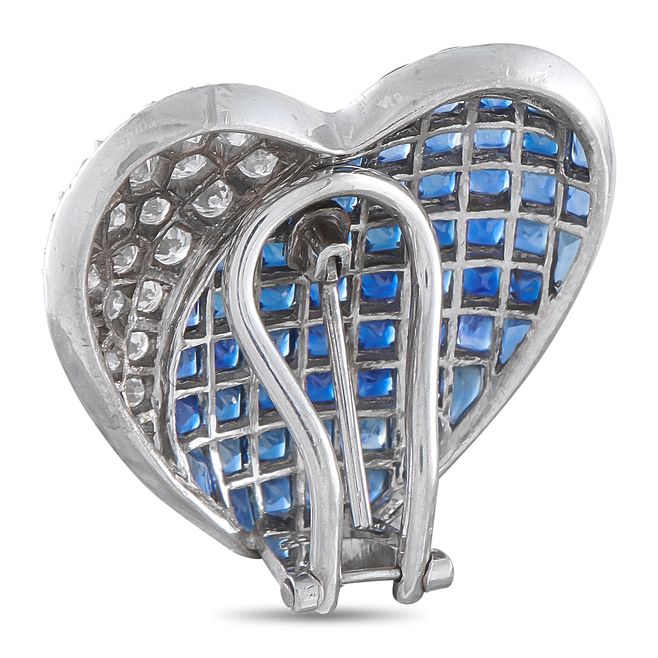 18K White Gold 1.75ct Diamond and Sapphire Heart Clip-On Earrings